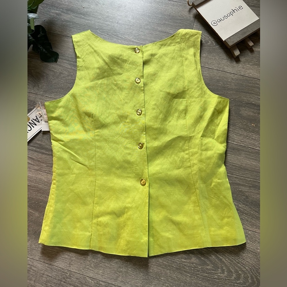 Vintage Fancy Lady Ramie Floral Embroidered Kiwi Green Sleeveless Top 10 NWT! - Picture 3 of 7